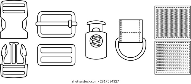 Clean technical line illustrations featuring buckles, strap adjusters, side release clips, D rings, cord locks, and hook and loop fasteners. Ideal for bag design, apparel accessories, product catalogs, sewing guides, and manufacturing documentation.