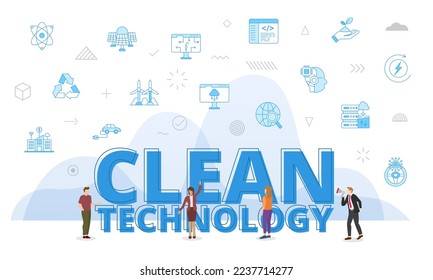 concepto de tecnología limpia con palabras grandes y personas rodeadas de iconos relacionados que se difunden con estilo de color azul moderno
