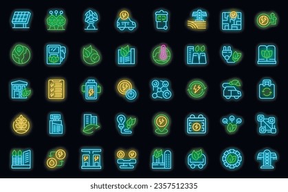 Clean technology icons set outline vector. City eco. Future energy neon color on black
