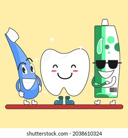 Clean Teeth Along With A Toothbrush And Toothpaste. Let's Clean Our Teeth So That Our Mouth Smells Good And Fresh. This Illustration Is Suitable For Dental And Oral Health Education.