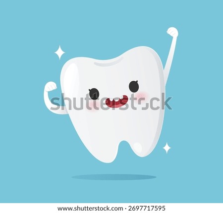 Clean teeth. Cute tooth character smiling with sparkle, symbolizing good dental health and hygiene. Strong teeth. Vector illustration