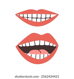 Clean teeth and healthy smile of patient. Vector isolated set of mouth positions. Dental care and treatment, clinic or hospital help for people with tooth cavities. Stomatology and hygiene