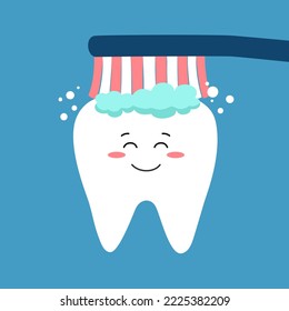 Clean teeth with toothbrush and toothpaste in flat design. Smiling teeth cartoon dental care. Oral healthcare.