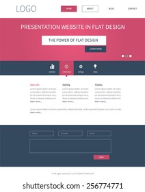 Clean template webdesign in popular flat design for presentation website with slider, top menu, contact form and main container in red color.