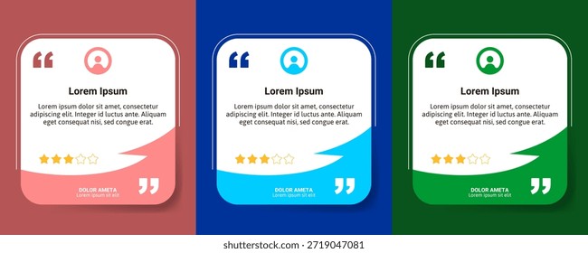 Saubere Testimonial Quote Cards Vektor mit modernem Layout, Benutzerprofil Symbole, Bewertung Sterne, und bunte Hintergründe für Web-, App- und Marketing-Nutzung.