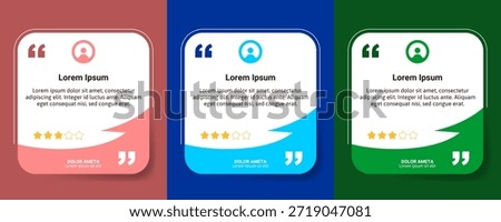 Clean testimonial quote cards vector with modern layout, user profile icons, rating stars, and colorful backgrounds for web, app, and marketing use.