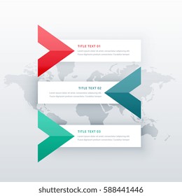 clean three steps infographic options template with arrow shape for business presentation or workflow diagrams in creative style