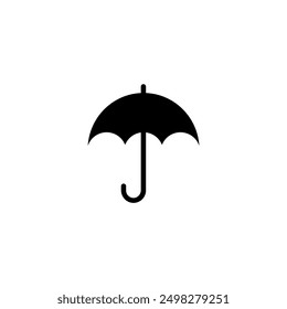 A clean and timeless black and white vector icon of an open umbrella with a circular canopy and a handle. Versatile and practical symbol.