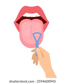 Clean the tongue by hand with a tongue scraper. Before and after tongue cleaning. Prevention of bad breath. Stock Illustration Vector Illustration