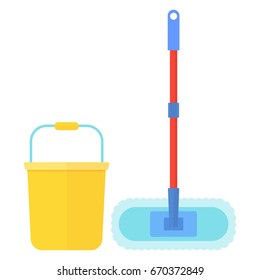 Clean tools and equipment. Cleaning mop and bucket for mopping floor. Cleaning supplies for janitor, sweep and cleaner. Flat vector cartoon illustration. Objects isolated on a white background.
