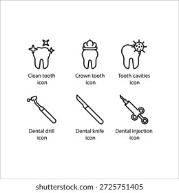 Clean tooth, Crown tooth, Tooth cavities, Dental drill, Dental knife, Dental injection, icon