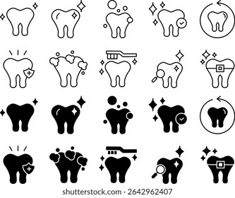 Clean Tooth Icons Set for Dental Hygiene and Care – Minimal Vector Collection