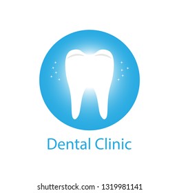 Clean tooth, logo for dentist's office, dental clinic. Illustration of a luminescent healthy sparkling tooth on a blue background.
