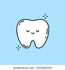 Diente limpio con chispas. Los dientes sonrientes brillan. El concepto de cepillado de dientes. Carácter infantil para odontología. Ilustración vectorial en estilo doodle