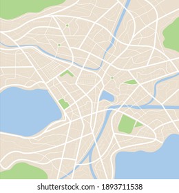 Clean top view of the day time city map with street and river, Blank urban imagination map, vector illustration