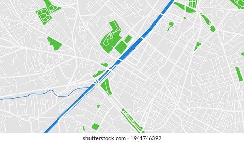 Vista superior limpia del mapa de la ciudad del día con calle y río. Mapa de imaginación urbana en blanco. Vector.