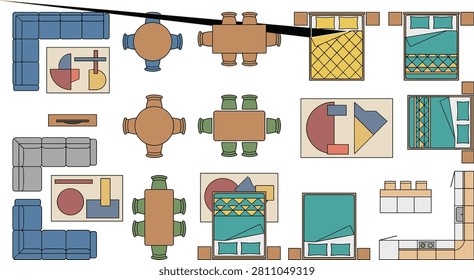 Clean top view floor plan illustration featuring a fully furnished apartment layout with living room, bedrooms, dining area, kitchen, and decorative furniture. Ideal for architectural presentations, interior design concepts, real estate marketing, and space planning projects.