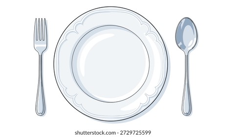 Clean top view of a white ceramic plate placed between a metal fork and spoon on a white background, representing dining or menu design.