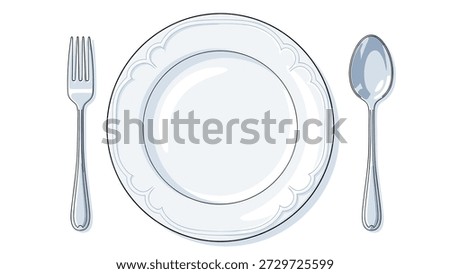 Clean top view of a white ceramic plate placed between a metal fork and spoon on a white background, representing dining or menu design.