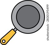 Clean top-view vector illustration of a metallic grey frying pan featuring a bright yellow handle, presented on a solid black background.