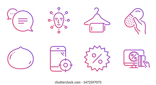 Clean towel, Text message and Face biometrics line icons set. Seo phone, Discount and Capsule pill signs. Macadamia nut, Online shopping symbols. Laundry hanger, Chat bubble. Business set. Vector