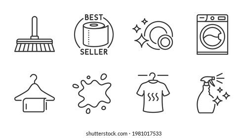 Clean towel, Toilet paper and Clean dishes line icons set. Dry t-shirt, Dirty spot and Washing cleanser signs. Washing machine, Cleaning mop symbols. Quality line icons. Clean towel badge. Vector