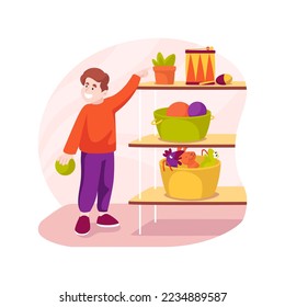 Limpie los juguetes aislados de la ilustración vectorial de dibujos animados. Enseñar a organizar juguetes, al niño se le ponen cosas en un contenedor etiquetado, limpiar ayuda, educación en el hogar, habilidad de mantenimiento, limpieza de caricaturas vectoriales de la casa.