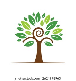 Clean tree illustration with large green leaves and brown twirling trunk