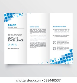 clean tri-fold brochure template design with blue mosaic effect