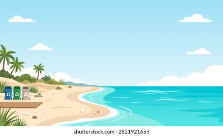 Clean tropical beach vector background with turquoise sea waves, recycling trash bins, palm trees, blue sky, and copy space