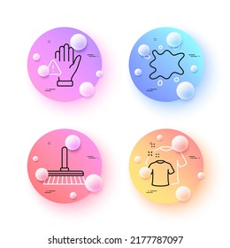 Clean t-shirt, Dont touch and Cleaning mop minimal line icons. 3d spheres or balls buttons. Dirty spot icons. For web, application, printing. Laundry shirt, Clean hand, Sweep a floor. Vector