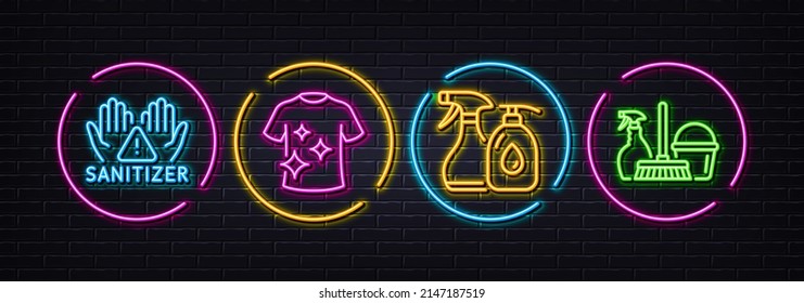 Clean t-shirt, Clean hands and Cleaning liquids minimal line icons. Neon laser 3d lights. Household service icons. For web, application, printing. Laundry shirt, Hygiene care, Antiseptic soap. Vector