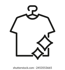 Icono de camiseta limpia en la percha sobre fondo blanco. Trazo editable. Percha de ropa. Vector gráfico