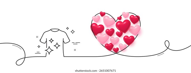 Clean t-shirt line icon. Continuous line big heart. Laundry shirt sign. Clothing cleaner symbol. 3d hearts in heart shaped loop. Clean t-shirt single line ribbon. Loop curve pattern. Vector