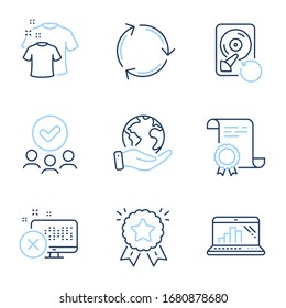 Clean t-shirt, Recovery hdd and Graph laptop line icons set. Diploma certificate, save planet, group of people. Ranking star, Reject access and Recycling signs. Vector