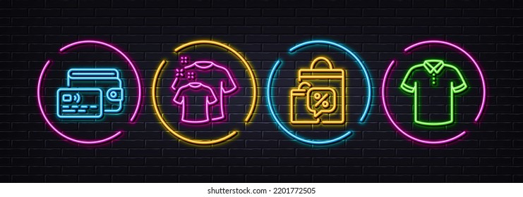 Camiseta limpia, bolsas de venta e iconos mínimos de la línea de la cartera. Luces 3d láser neón. Iconos de camisetas. Para web, aplicación, impresión. Camiseta de lavado, burbuja de chat de descuento, dinero de tarjeta de crédito. Vector