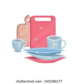 Clean two cutting boards, mugs and plates. Vector illustration on white background.