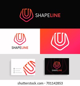 Clean U letter linear icon shield logo sign with brand business card vector design.