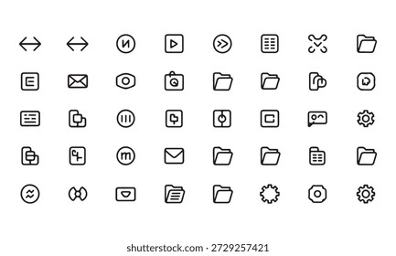 Limpie el conjunto de iconos de acción de la interfaz de usuario, incluidos los símbolos de uso compartido, Configuraciones, correo electrónico, Descarga y control del sistema.