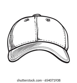 Clean, unlabelled black and white textile baseball cap, sketch style vector illustration isolated on white background. Realistic isolated hand drawing of baseball cap, front view