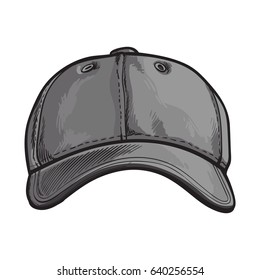 Clean, unlabelled grey colored textile baseball cap, sketch style vector illustration isolated on white background. Realistic isolated hand drawing of grey baseball cap, front view