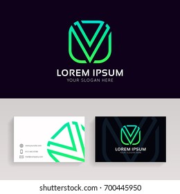 Clean V letter linear icon sign company logo with business card.