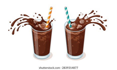 Clean vector art showing two tall glasses filled with a dark chilled beverage. Features energetic liquid splashes, ice cubes, and colorful striped straws in a professional style.