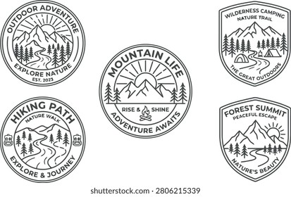 A clean vector badge design featuring a hiking backpack and pine trees with the word explorer.
