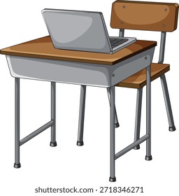 Vector limpio del escritorio y de la silla del aula con el ordenador portátil abierto, sombreado simple, fondo blanco