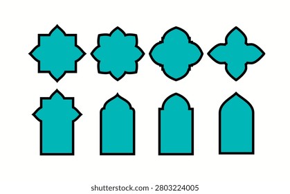 ​A clean vector collection of 8 traditional Islamic arches, mosque windows, and Arabic geometric ornaments. Featuring a vibrant turquoise fill with a bold black outline isolated on a white background, these graphic design elements are perfect for Ramadan Kareem banners, Eid Mubarak decorations, Islamic greeting cards, cultural vector patterns, and Moroccan-style layouts.