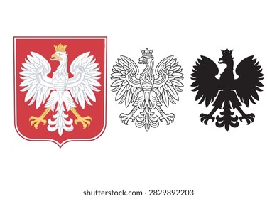 A clean vector collection featuring the traditional Polish coat of arms with a crowned white eagle on a red shield, alongside outline and solid black silhouette variations, designed for national symbols, heraldry, and patriotic concepts.