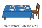 Clean vector design of dinner party setup, rectangular table with side chair, formal event catering graphic, home lifestyle art.
