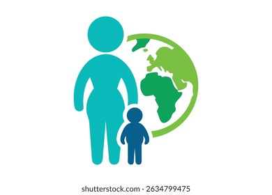 Design vetorial limpo mostrando silhuetas de uma mãe e criança com ícones de população e Terra no fundo. Um símbolo poderoso de cuidado, crescimento e humanidade sobre um fundo branco.