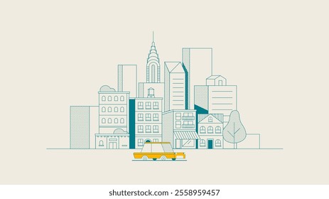 A clean vector design of an urban cityscape with modern buildings, trees, and a classic yellow taxi in a minimalist line art style, ideal for themes of city life, travel, and modern architecture.